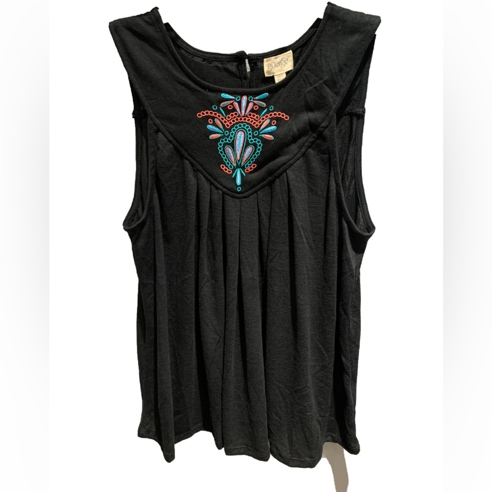 GRIEGE Black Sleeveless Swing Tank Top Embroidered Bodice 3 Button Back SZ L